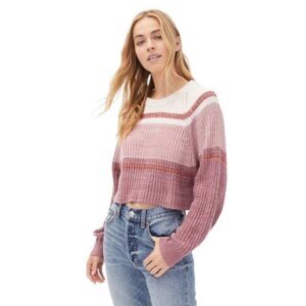 Aeropostale Crew Neck Cropped Sweater, Pink and White Striped, Relaxed Fit, Sz L